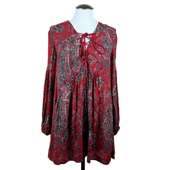Women's Free People Red Paisley Print Tunic Boho Peasant Crochet Mini Dress XS - Picture 1 of 9